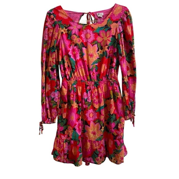 Billabong Heaven Sent Floral Long Sleeve Open Back Mini Dress SZ M - Picture 4 of 11